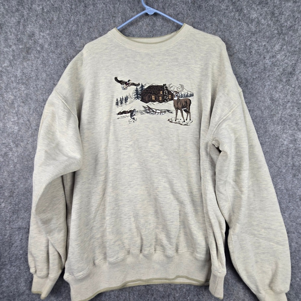 Vtg 90s C&B Sport Embroidered Cabin Deer Sweatshirt Mens XL Croft Barrow Crew